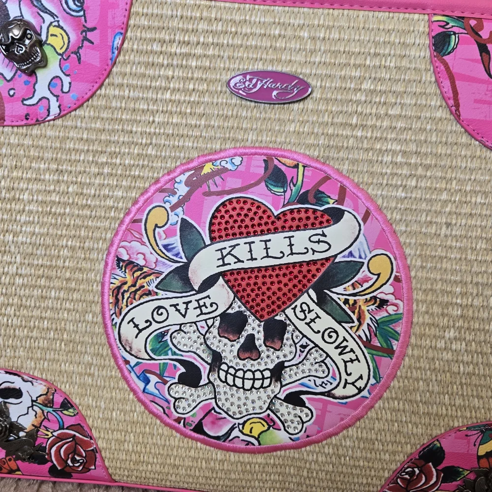Ed Hardy Tote Bag Pink Straw Love Kills Slowly Skull NWT Strap Y2K Tattoo - Picture 5 of 15